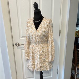 American Eagle Outfitters Cream Floral Wrap Long Sleeve Dress